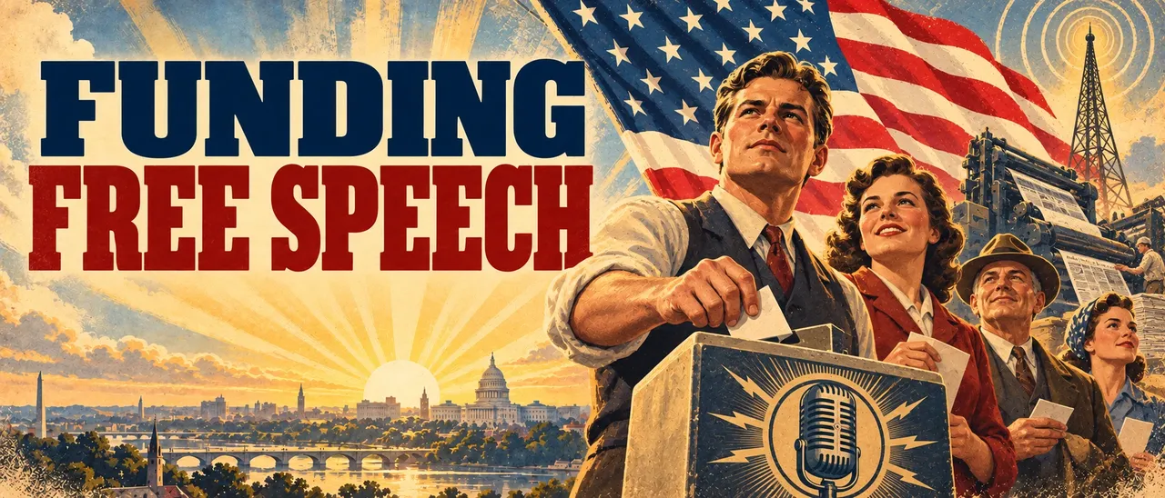 Poster in a 1940s style. A man drops a contribution into a box marked with a microphone while others wait their turn, with the American flag, a printing press and a radio tower behind them. The lettering reads Funding Free Speech.